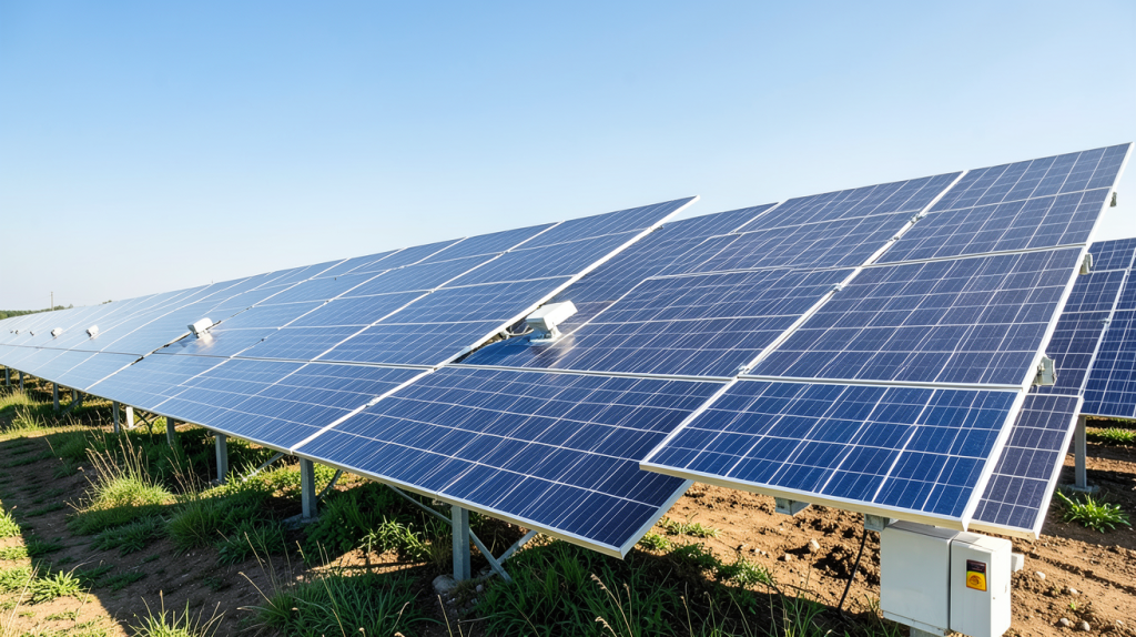 production annuelle photovoltaïque d'une centrale solaire avec panneaux alignés