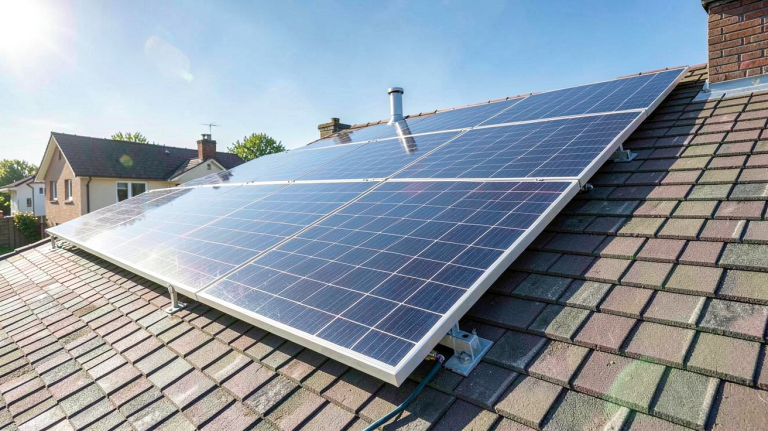 production d électricité par panneaux photovoltaïques installés sur un toit résidentiel en plein jour, capturant la lumière du soleil