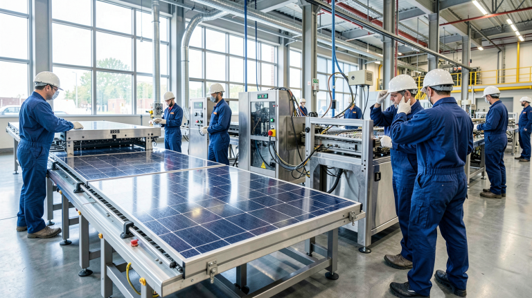 production d'un panneau photovoltaïque dans une usine moderne de fabrication