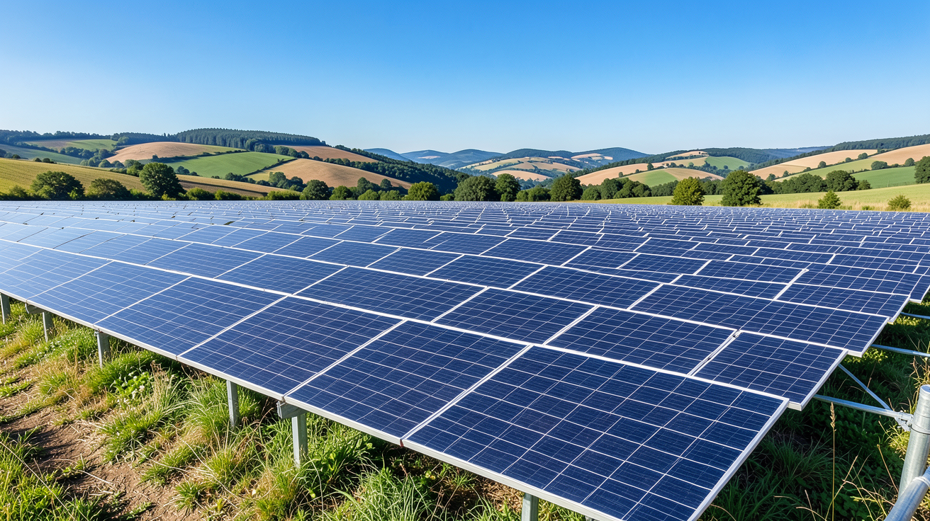 production des panneaux photovoltaïques installés dans un paysage naturel de France sous un grand soleil