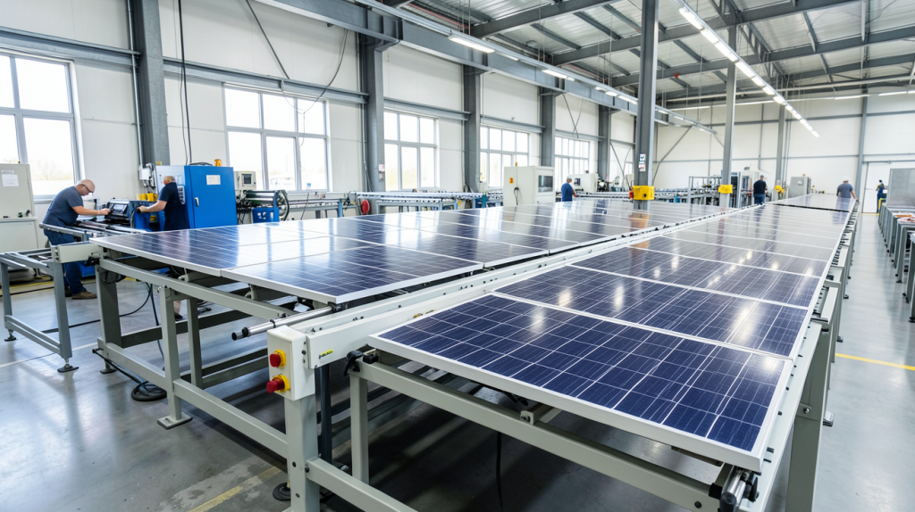 production des panneaux photovoltaïques ligne de production dans une usine moderne, lumière naturelle et équipement industriel