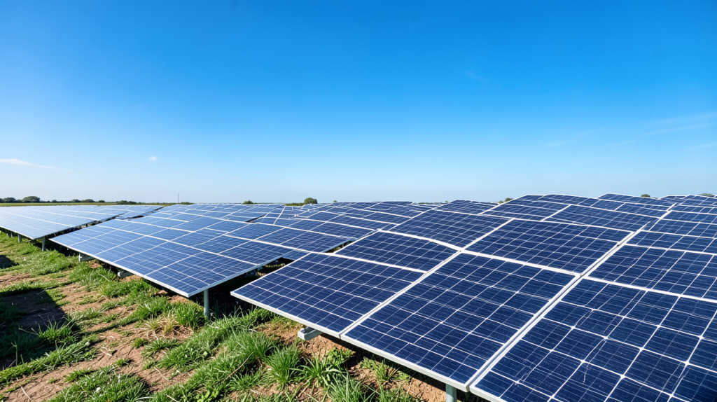 production électricité panneau photovoltaïque dans un champ solaire ensoleillé