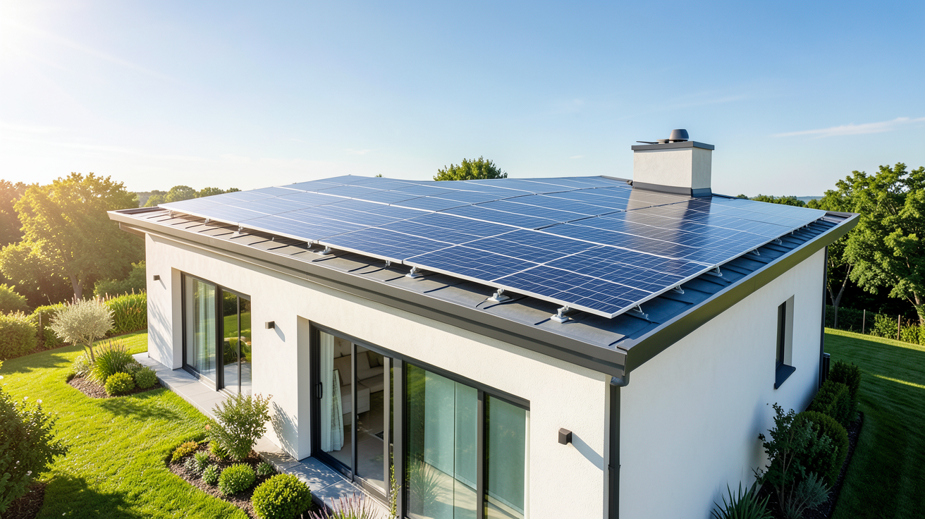production electricite panneau photovoltaique installés sur le toit d'une résidence moderne