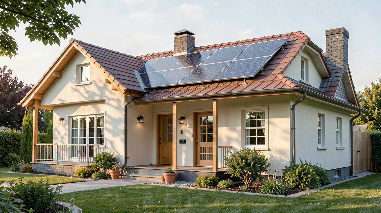 production d électricité par panneaux photovoltaïques sur une maison familiale avec consommation visible