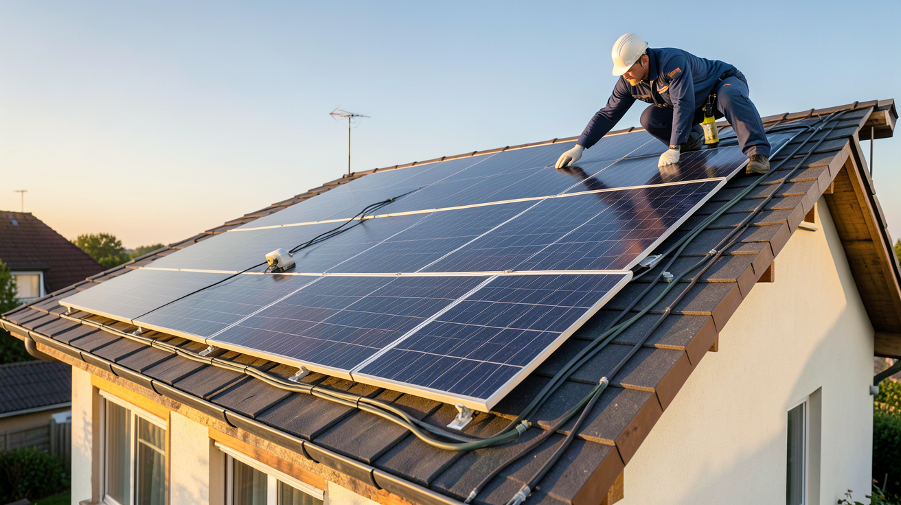 production électricité panneaux photovoltaïques optimisation installation avec technicien inspectant les panneaux solaires sur un toit