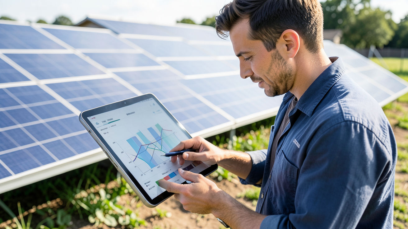 production d'électricité photovoltaïque par m2 méthode de calcul illustrée par un technicien utilisant une tablette