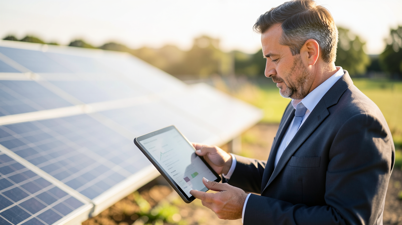 production electrique photovoltaique analysée par un expert sur une tablette devant des panneaux solaires