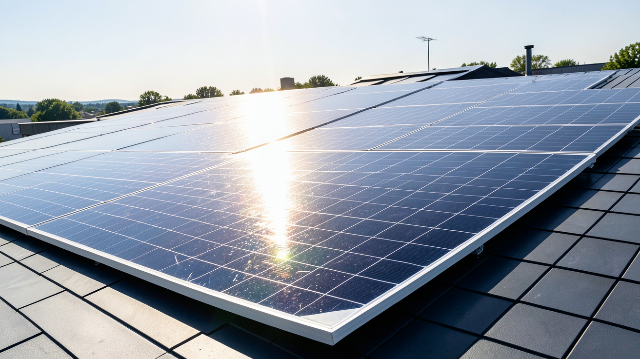 production electrique photovoltaique illustrée par des panneaux solaires captant l'énergie du soleil