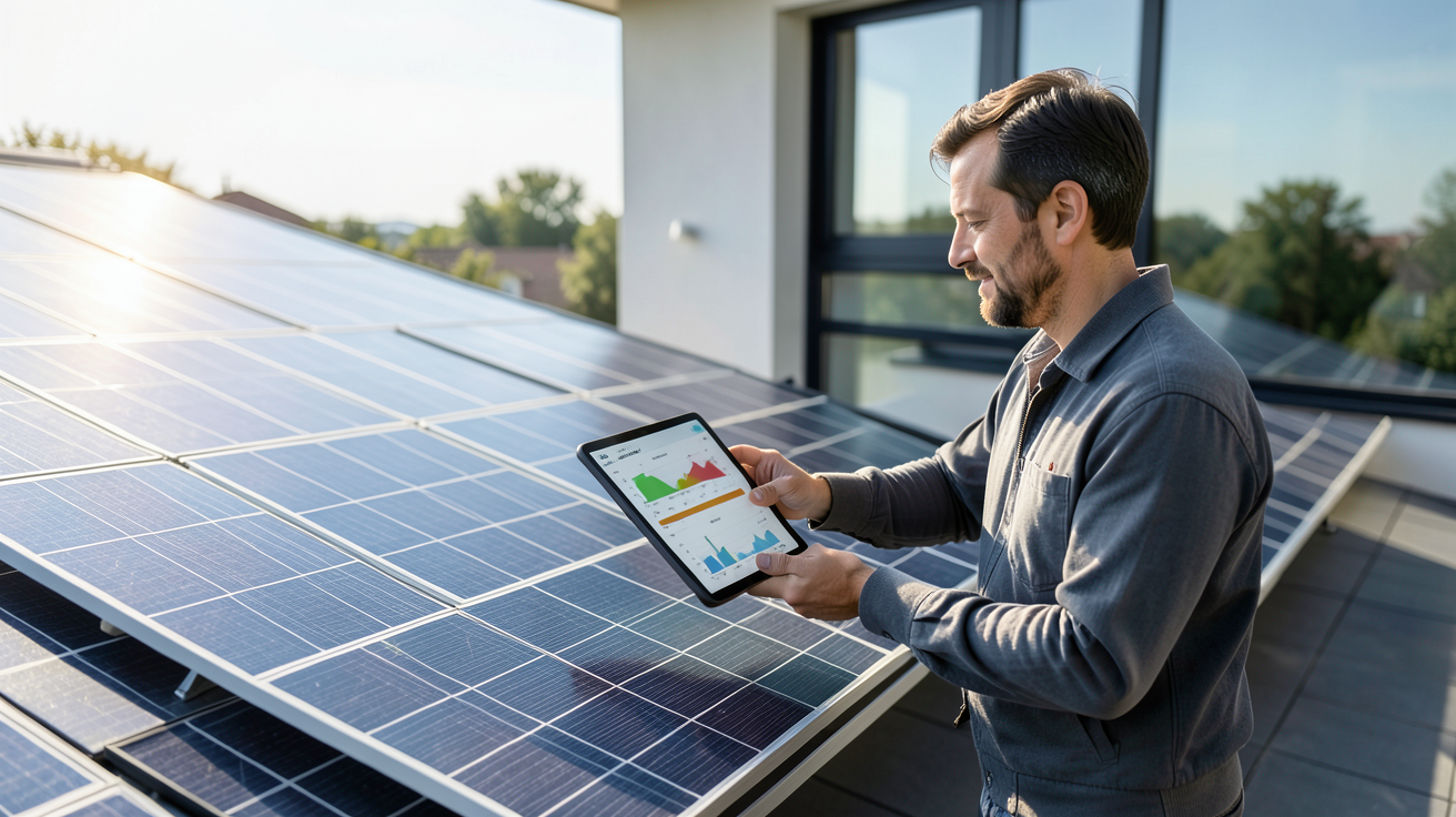 production electrique photovoltaique avec un professionnel planifiant une installation de 6 kWc sur un toit