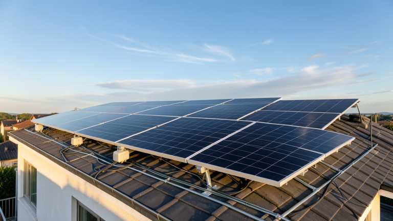 production électrique photovoltaïque installée sur le toit d'une maison résidentielle