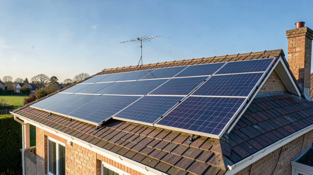 production énergie solaire avec panneaux photovoltaïques installés sur le toit d'une maison