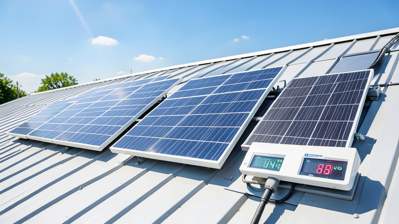 production journalière par type de panneau photovoltaïque affichée sur des compteurs numériques avec trois types de panneaux solaires en arrière-plan
