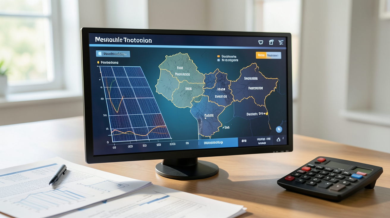 production mensuelle photovoltaïque calculée par région et puissance sur un tableau de bord solaire numérique