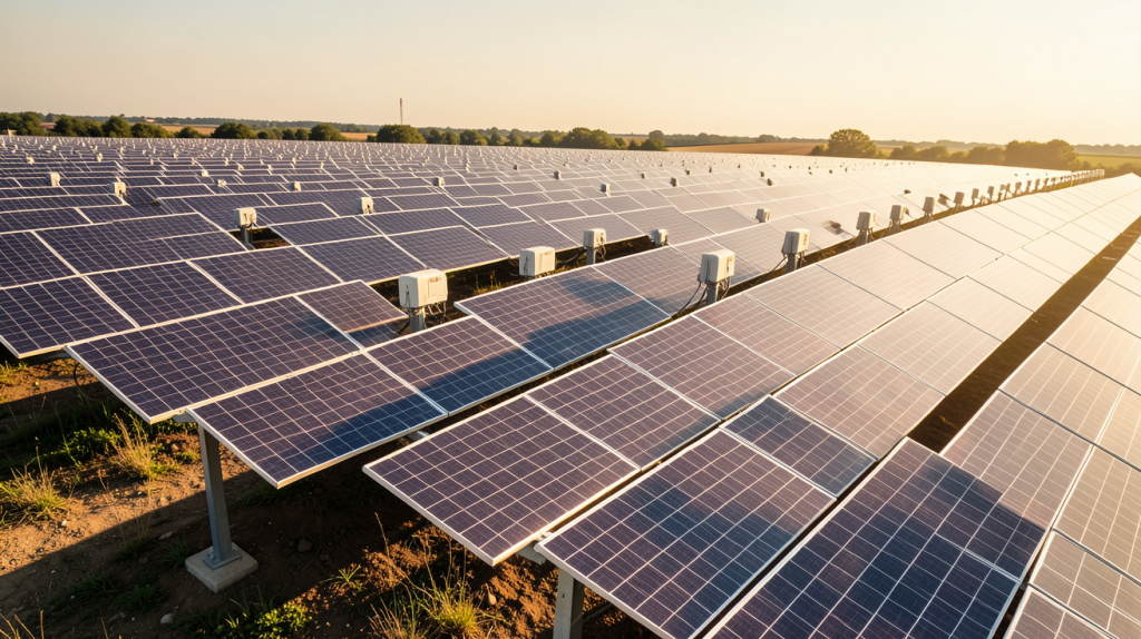 production panneau photovoltaïque par jour dans une centrale solaire moderne sous un ciel dégagé