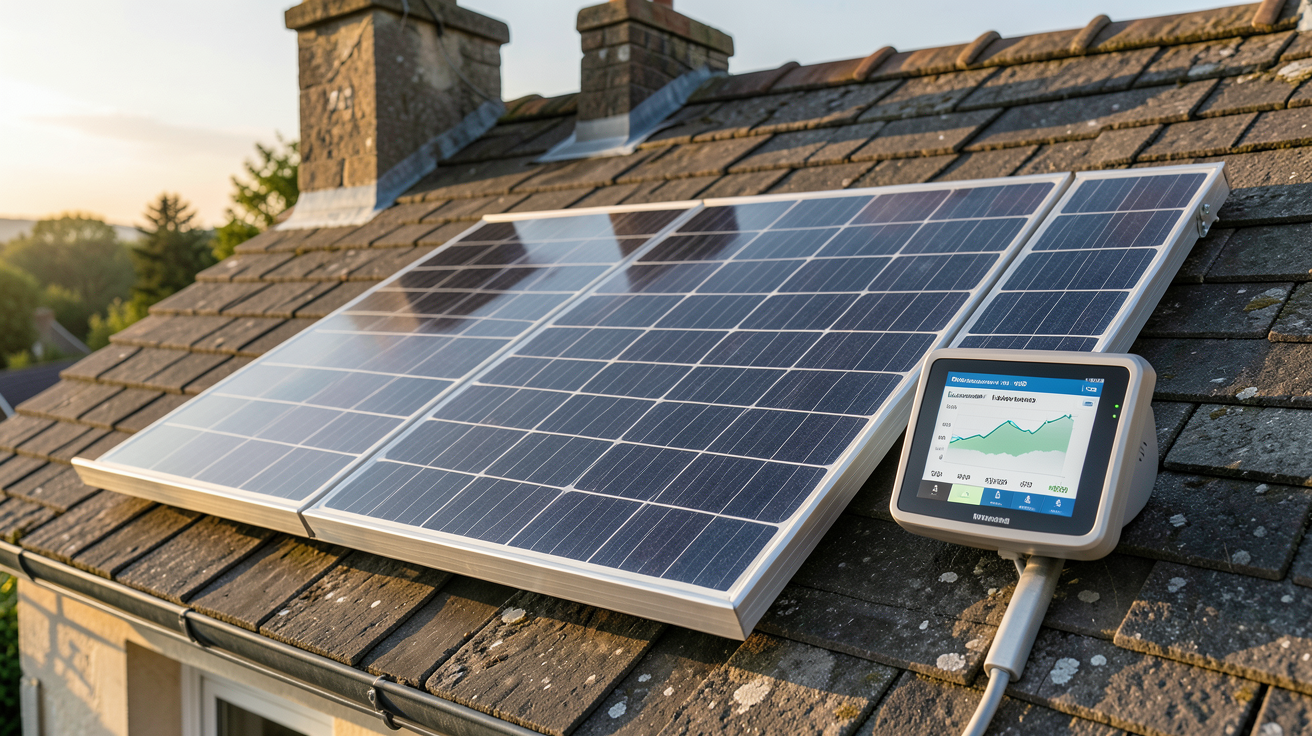 production panneau photovoltaïque par jour affichée sur un écran de suivi de performance installé sur un toit en France