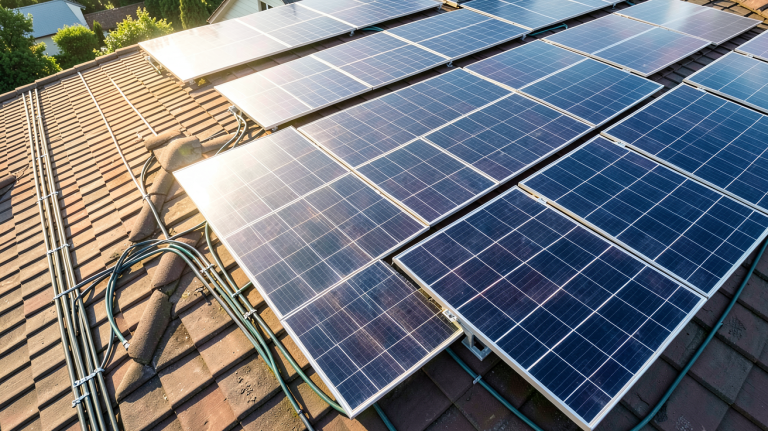 production panneau photovoltaïque par m2 sur un toit résidentiel avec des panneaux solaires alignés