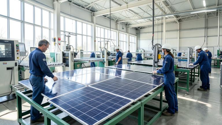 production panneau photovoltaïque dans une usine moderne avec ouvriers et machines automatisées