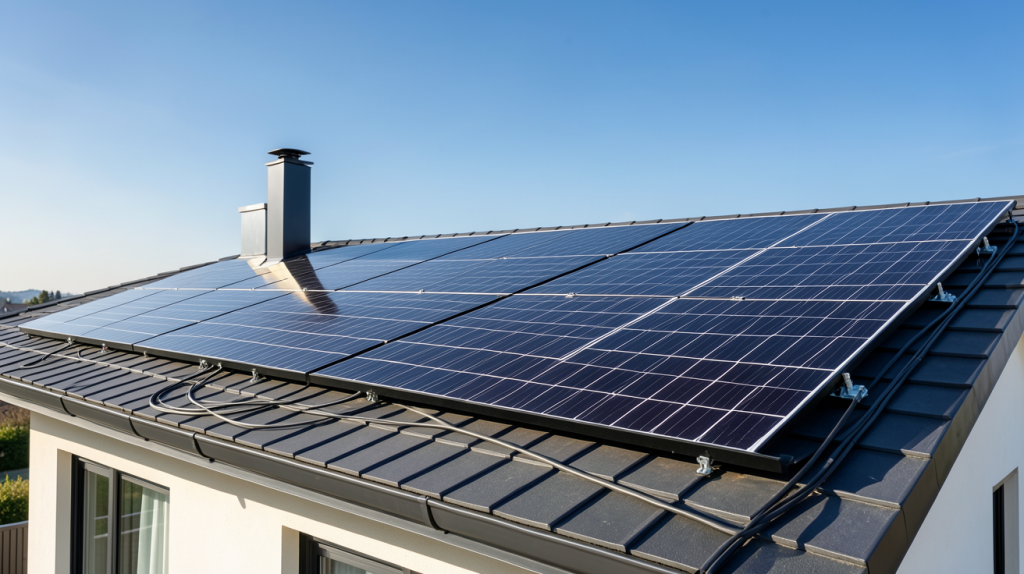 production photovoltaique 3kw installée sur le toit d'une maison contemporaine avec des panneaux solaires noirs