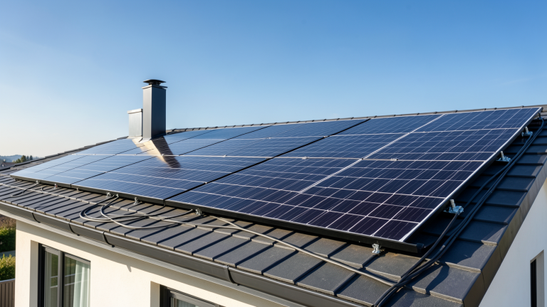 production photovoltaique 3kw installée sur le toit d'une maison contemporaine avec des panneaux solaires noirs