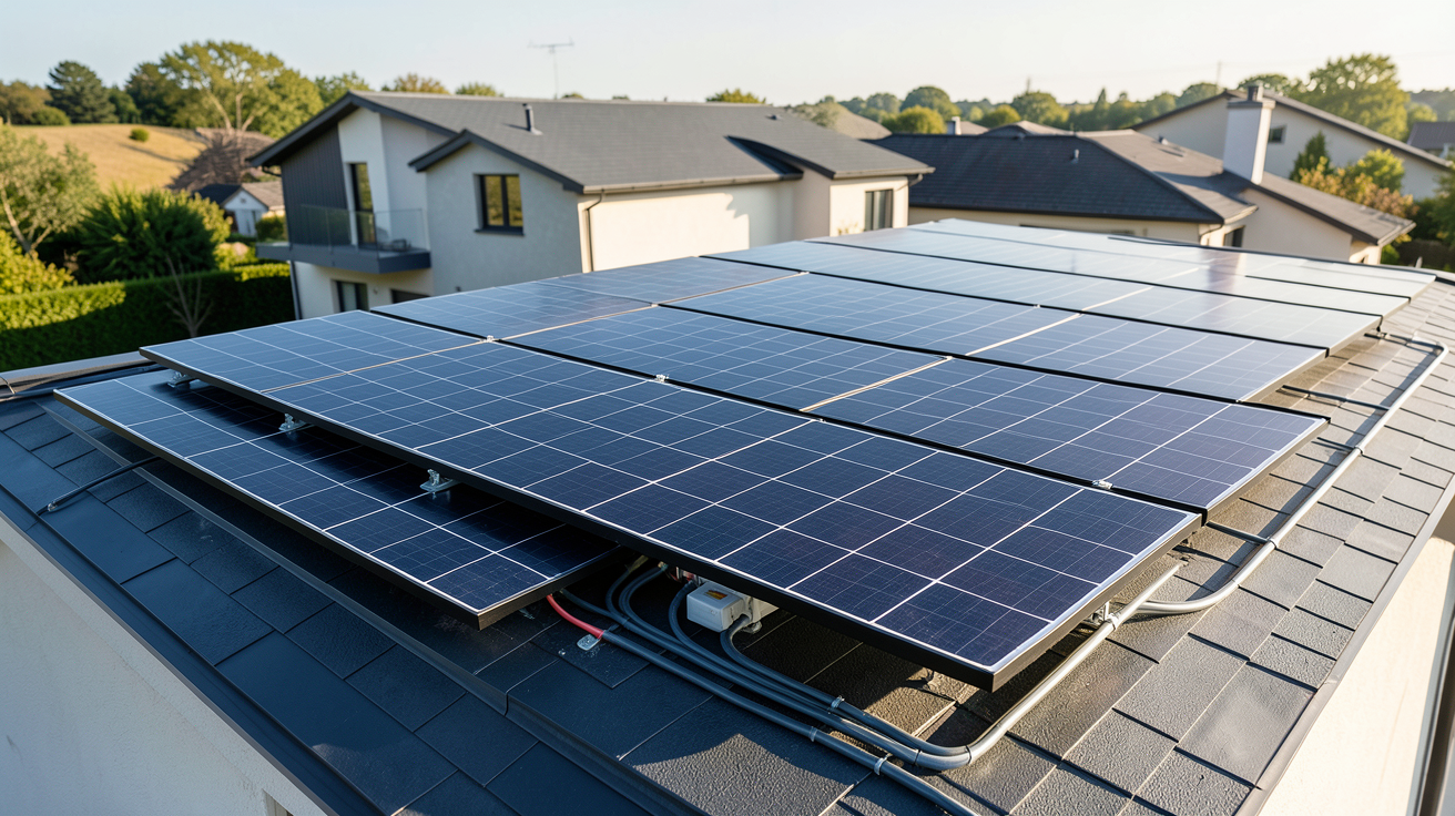 production photovoltaique 3kwc panneaux solaires 3 kWc installés sur le toit d'une maison moderne