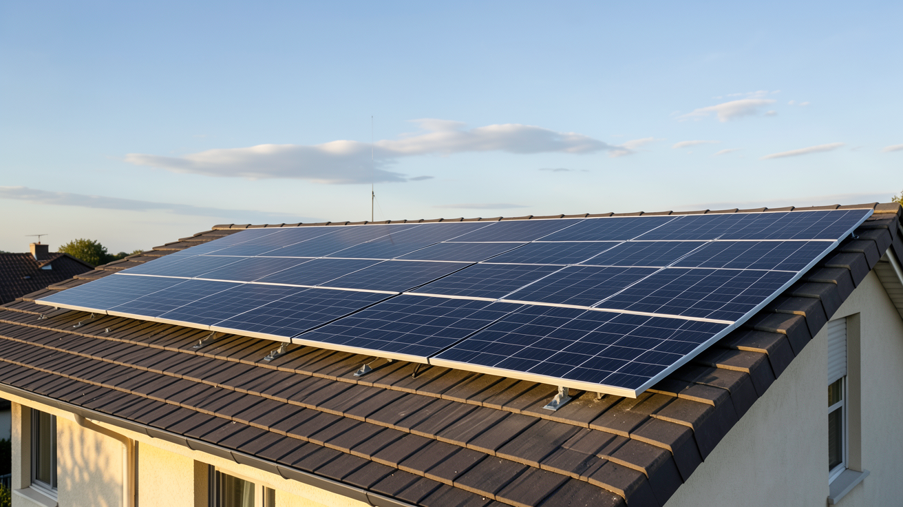 production photovoltaïque 6 kWc installation sur le toit d'une maison individuelle avec panneaux solaires alignés