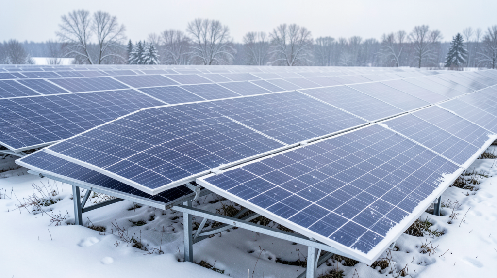 production photovoltaïque en hiver avec des panneaux solaires partiellement recouverts de neige
