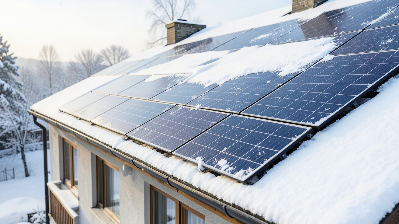 production photovoltaïque en hiver avec neige sur les panneaux solaires