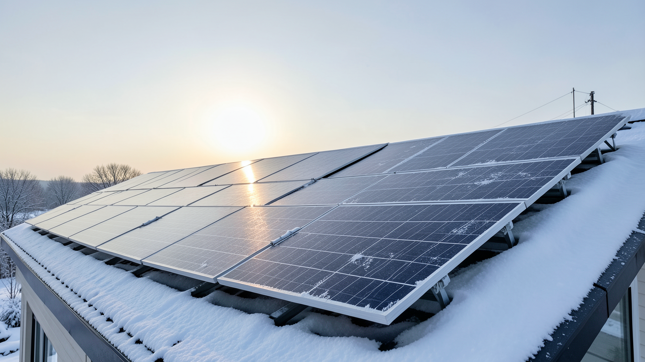 production photovoltaïque en hiver avec panneaux solaires partiellement recouverts de neige sur un toit