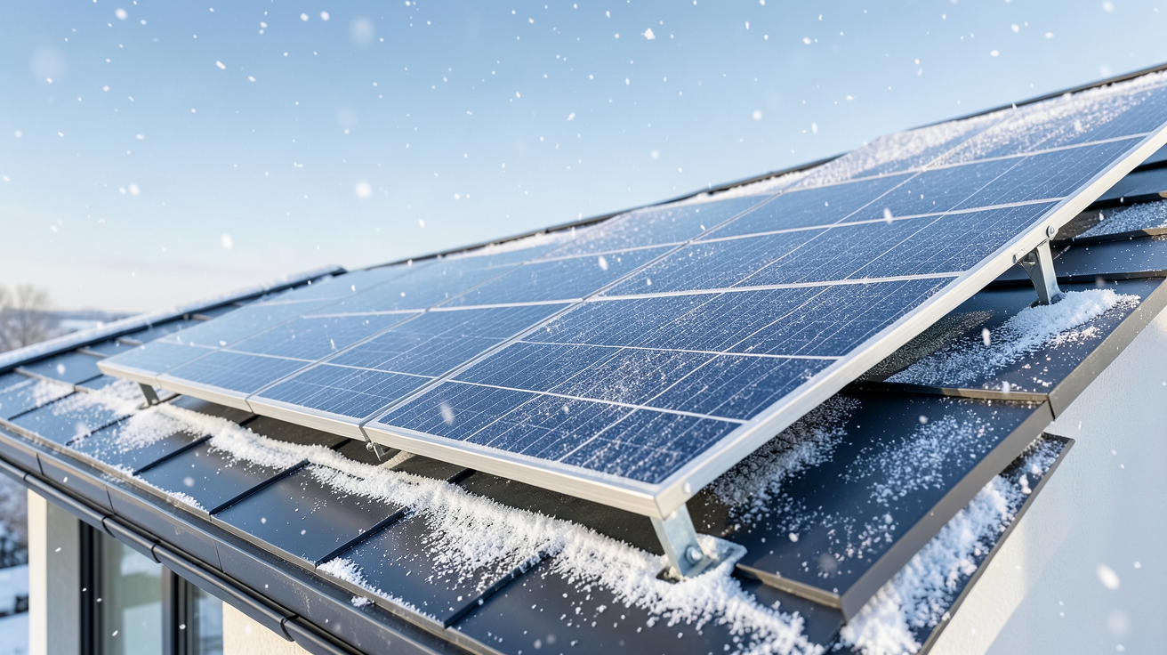 production photovoltaïque hivernale : panneau solaire recouvert d'une fine couche de givre sur un toit moderne