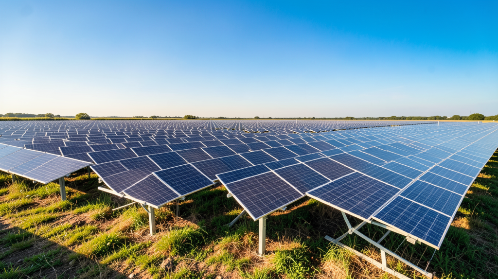 production photovoltaique avec des panneaux solaires installés dans un champ sous un ciel bleu