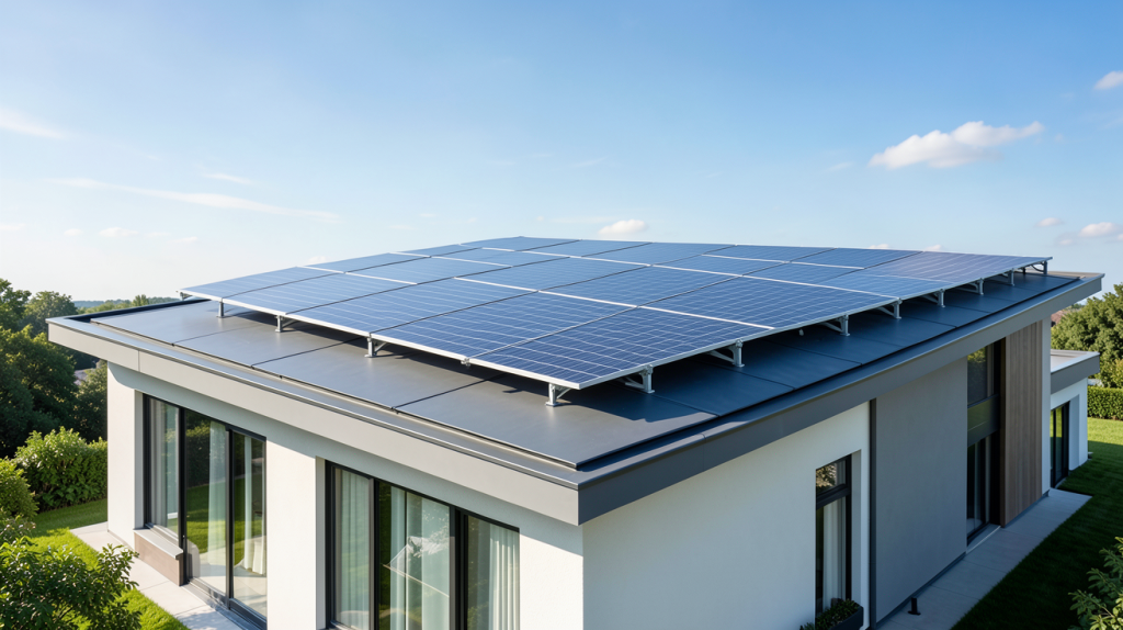 production solaire photovoltaïque installés sur le toit d'une maison contemporaine