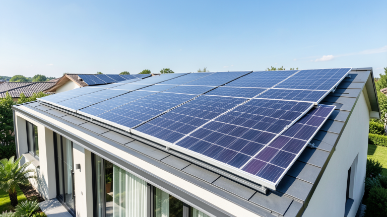 promo panneau solaire illustrée par des panneaux photovoltaïques installés sur une toiture résidentielle ensoleillée