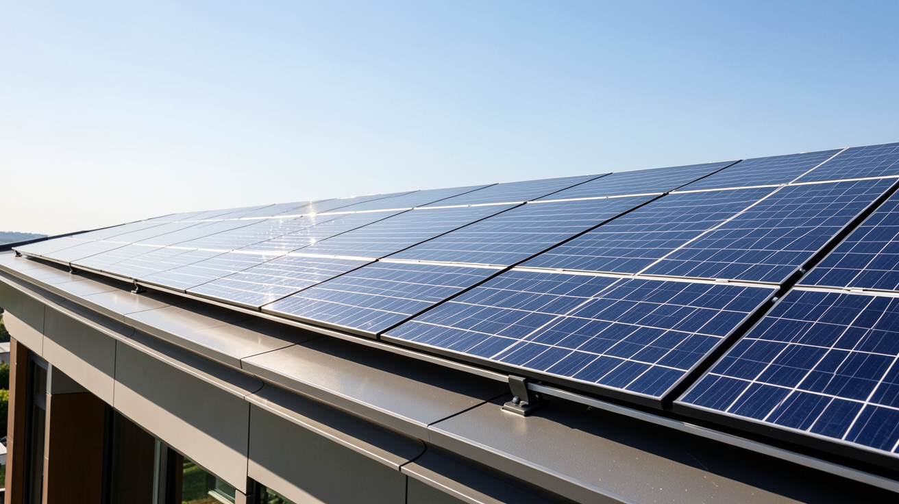promo panneau solaire montrant des panneaux solaires installés sur le toit d’une maison contemporaine sous un ciel ensoleillé