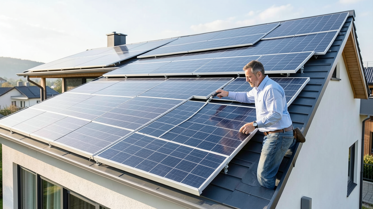 promo panneau solaire propriétaire examinant des panneaux solaires sur le toit d'une maison moderne