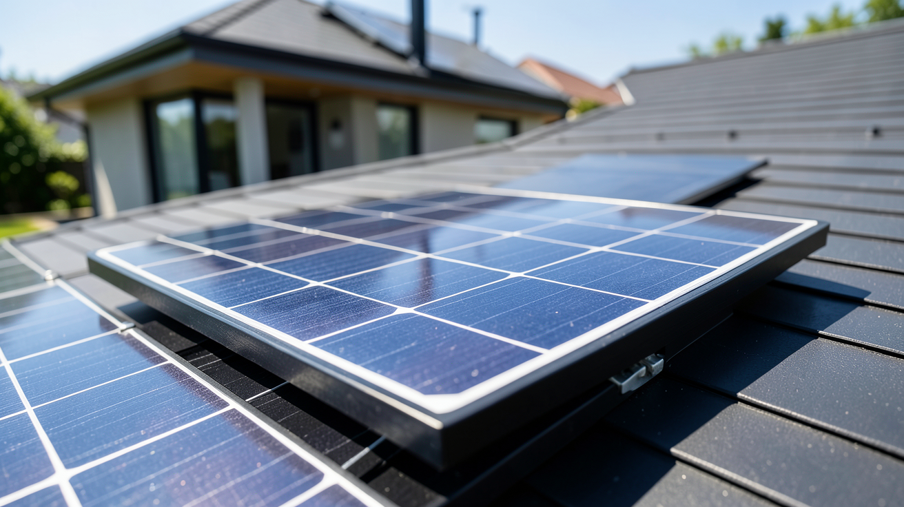 puissance cellule photovoltaïque d'un panneau solaire noir exposée en plein soleil sur un toit moderne