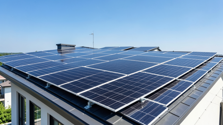 puissance installation photovoltaïque installée sur le toit d'une maison moderne avec des panneaux solaires noirs