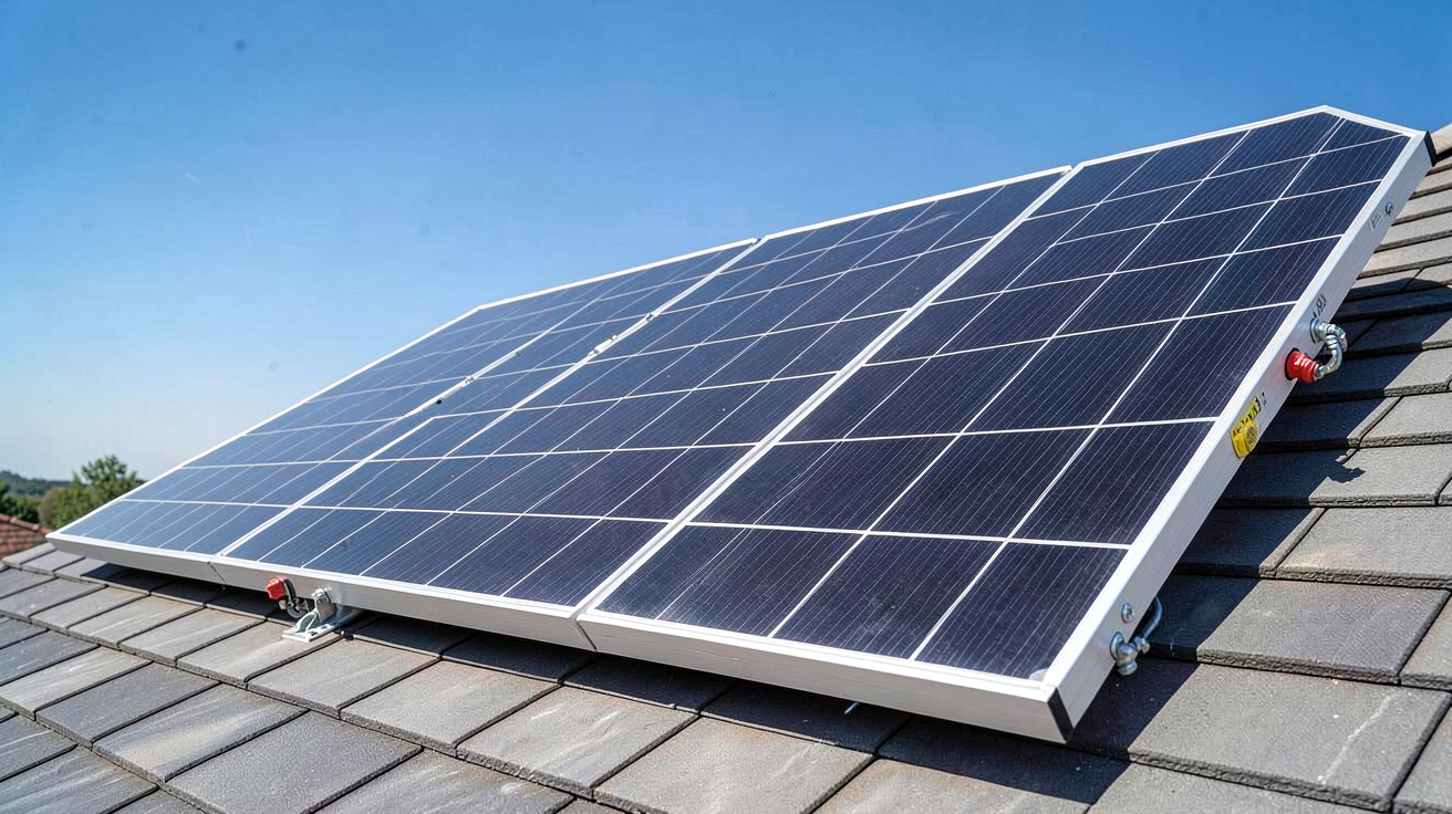 puissance max panneau photovoltaïque de 400W installé sur un toit avec ciel bleu