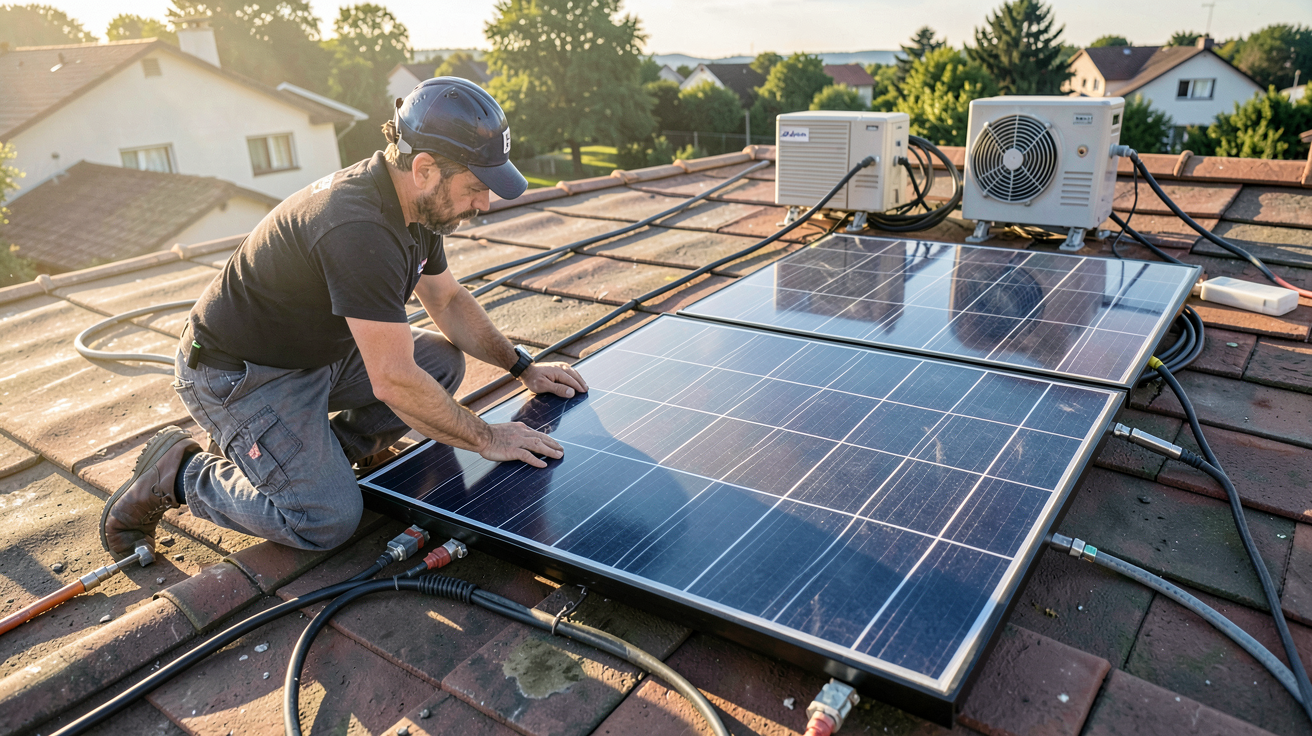 puissance max panneau photovoltaïque : technicien installant un panneau solaire sur un toit avec onduleur monophasé et triphasé en arrière-plan