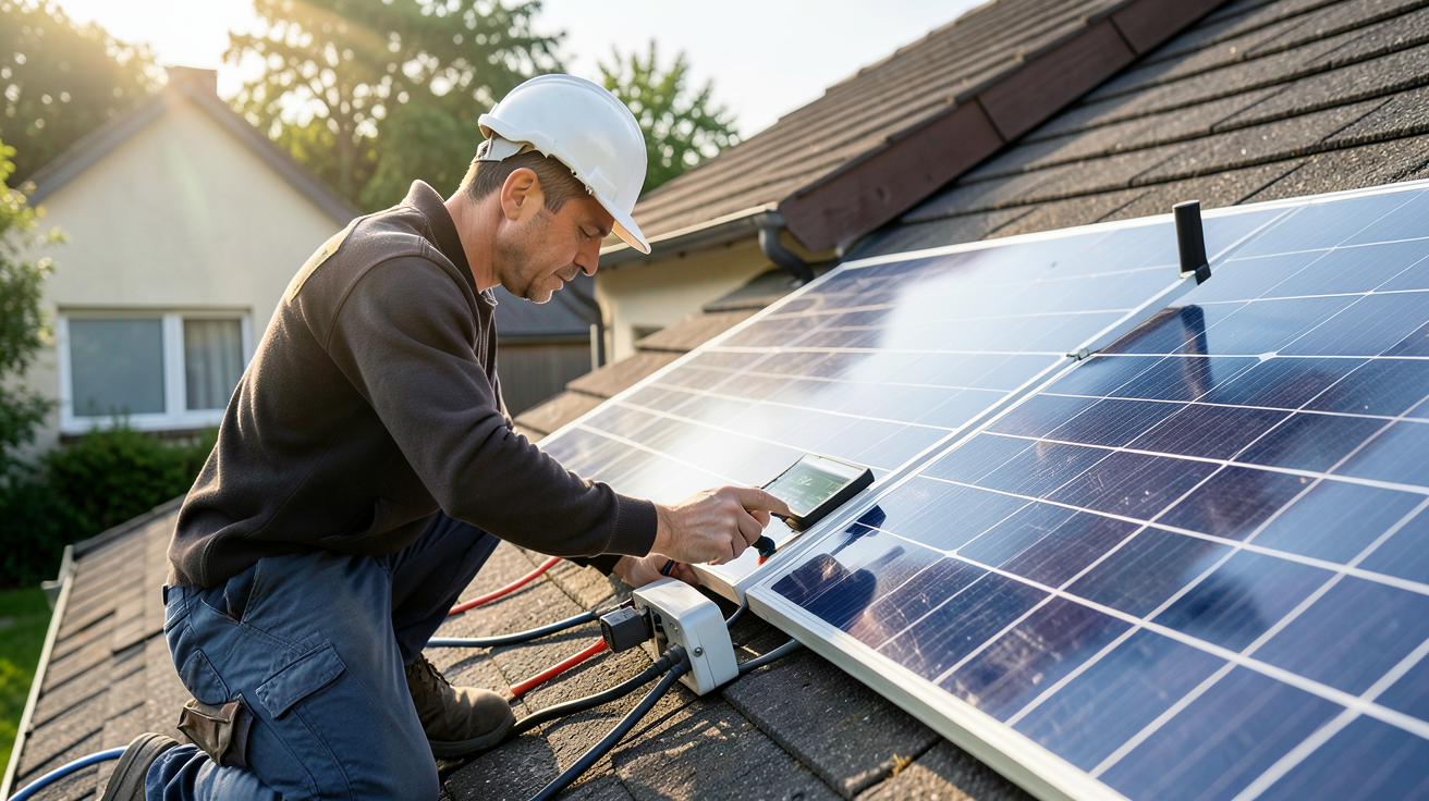 puissance maxi panneau photovoltaïque particulier : installateur mesurant la puissance kWc d'un panneau solaire sur un toit