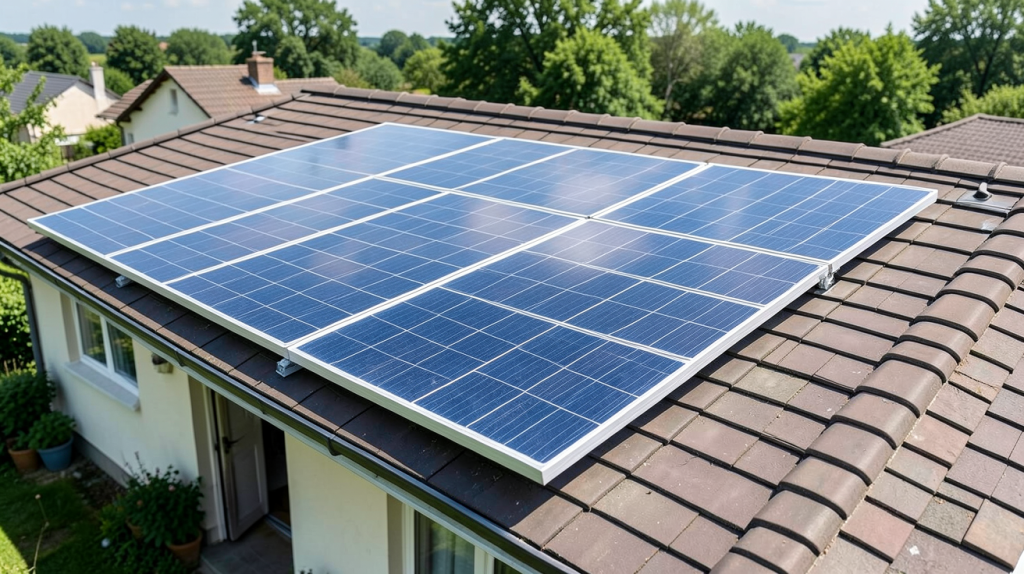 puissance maxi panneau photovoltaique particulier installé sur le toit d'une maison individuelle, capturant la production maximale sous un ciel ensoleillé