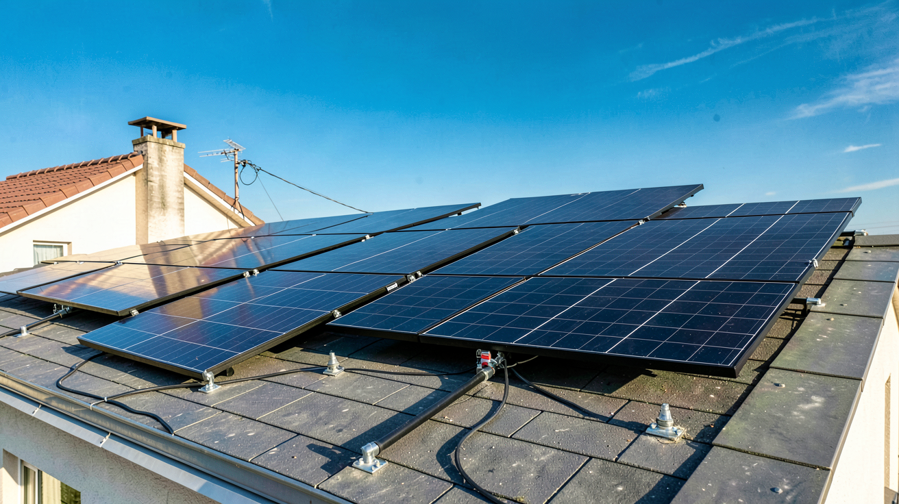 puissance maximale panneau photovoltaique montrant le dimensionnement physique avec plusieurs panneaux solaires installés sur un toit