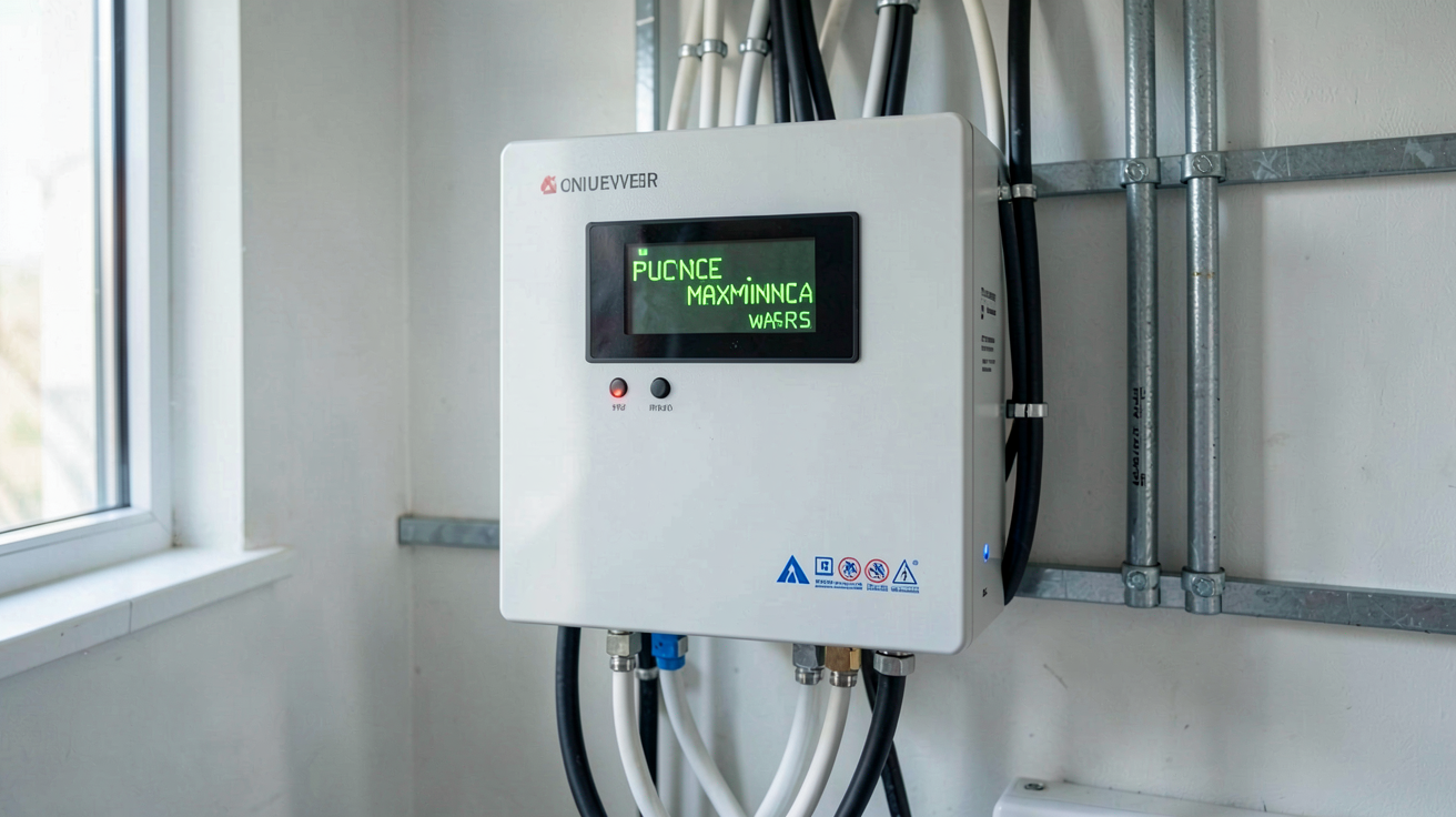 puissance maximale photovoltaïque monophasé affichée sur un onduleur dans un local technique
