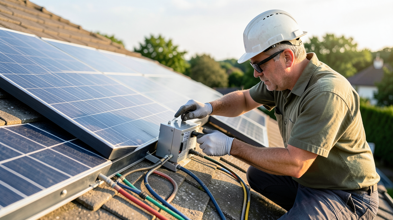 puissance onduleur photovoltaïque : technicien installant un onduleur de type string sur un toit résidentiel