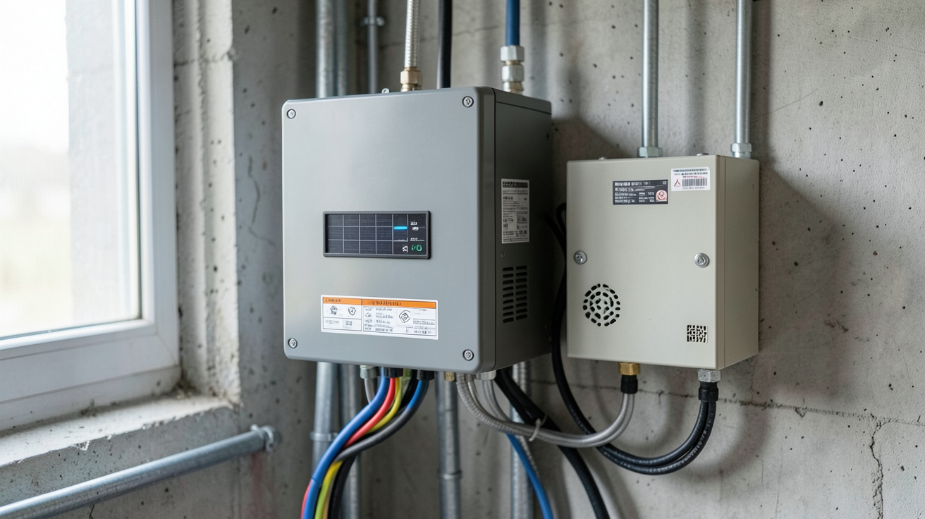 puissance onduleur photovoltaïque avec câbles et boîtier de protection dans un local technique
