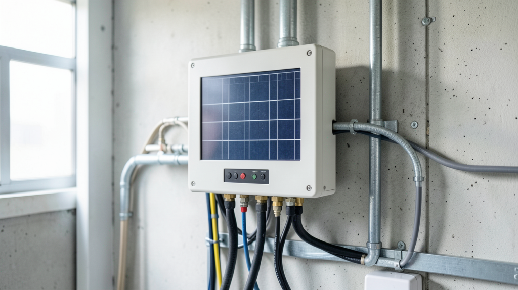 puissance onduleur photovoltaïque installé dans un local technique avec câbles et connecteurs