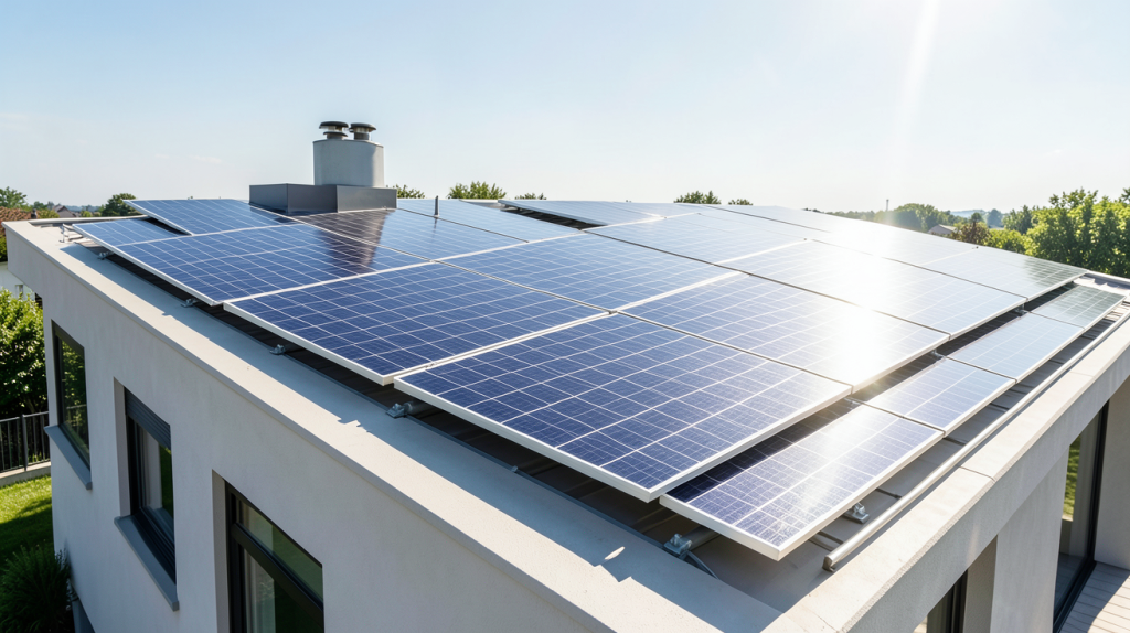 puissance panneau photovoltaique installée sur un toit résidentiel sous un ciel dégagé