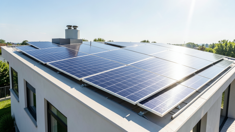 puissance panneau photovoltaique installée sur un toit résidentiel sous un ciel dégagé