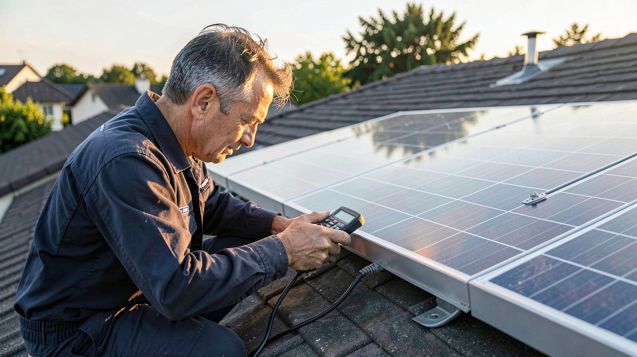 puissance panneau photovoltaïque par m2 calculée avec un multimètre par un technicien