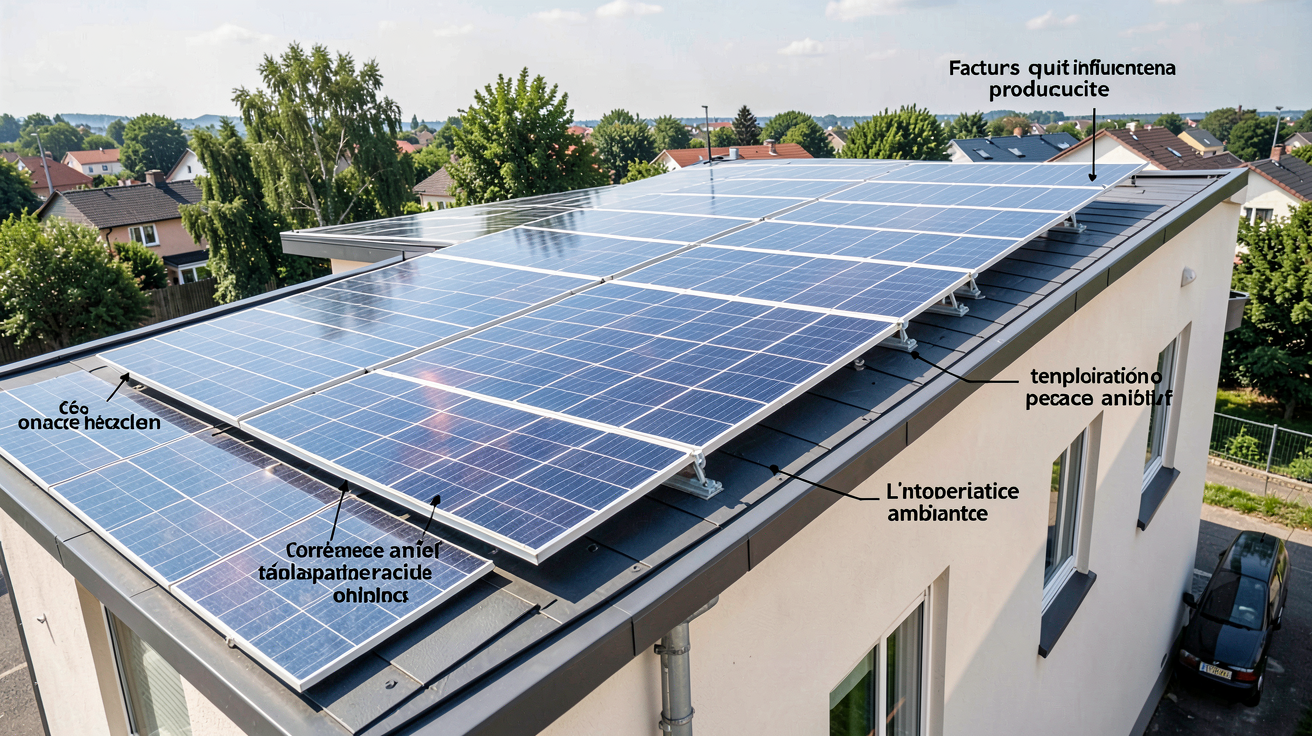 puissance panneau photovoltaique wc facteurs influençant la production réelle d'énergie, avec panneaux inclinés, ombres et variations de température visibles