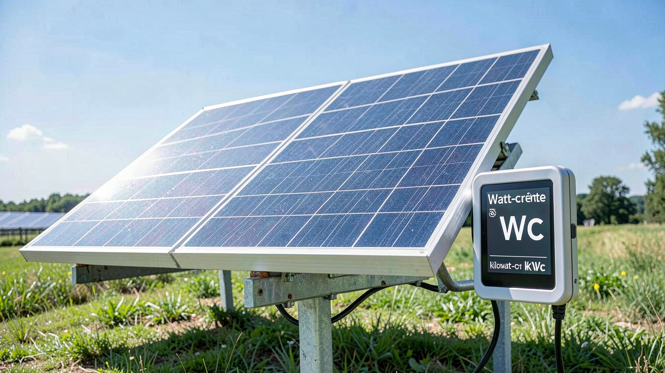 puissance panneau photovoltaique wc illustrant un panneau solaire avec affichage numérique du Watt‑crête (Wc) et du kilowatt‑crête (kWc) sous une lumière naturelle